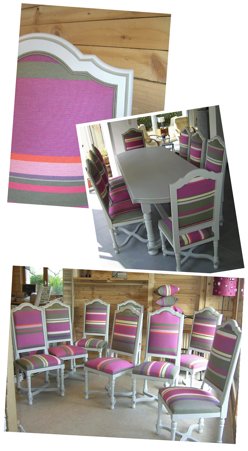 série de 8 chaises en chêne-tissu bougainvillier-toiles du soleil